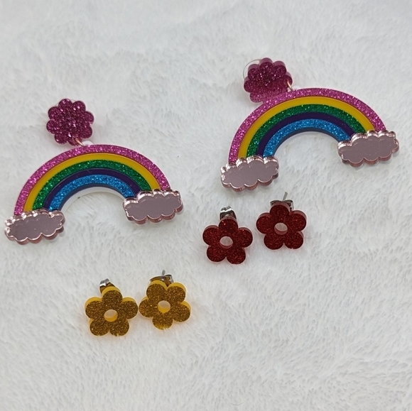 Summer Glitter Rainbow and Flowers Bundle of Earrings - Picture 1 of 6